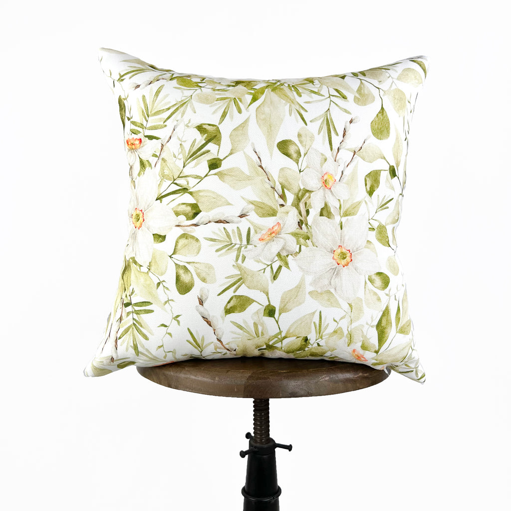 White Flower Green Leaves Spring Pattern | Spring Décor | Easter Decorative Pillow | Farmhouse Décor | Hand-Made Throw Pillow | UniikPillows UniikPillows