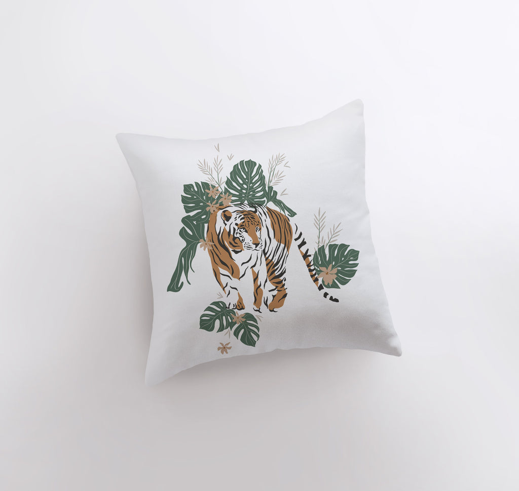 a white pillow with a tiger on it