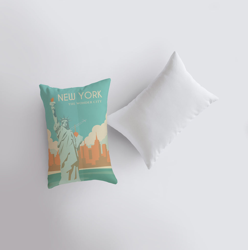 a pillow with a picture of the statue of liberty on it