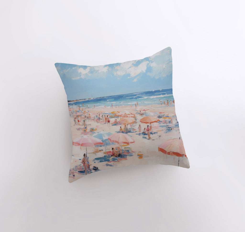 a pillow with a painting of a beach scene