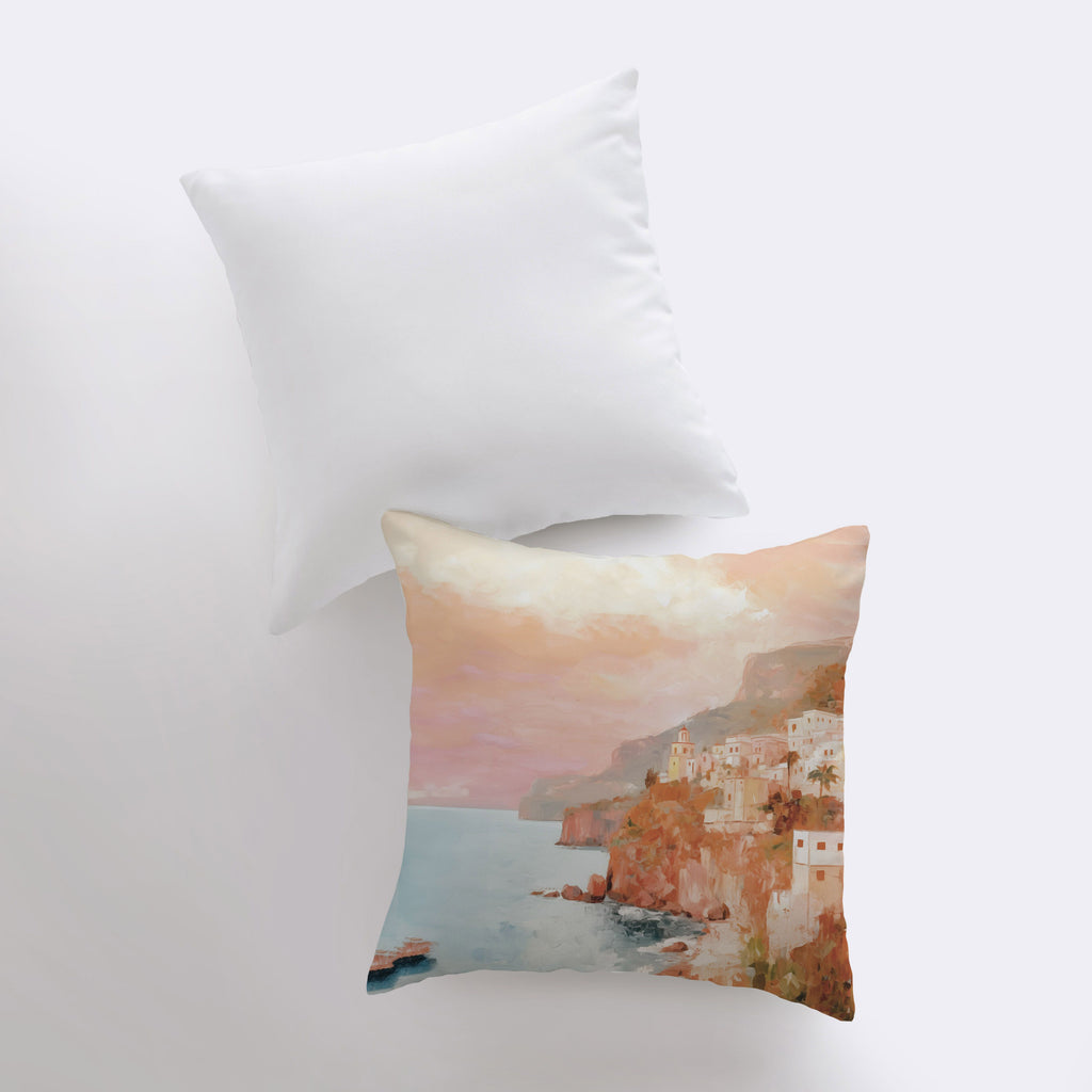 a pillow with a picture of a town on it