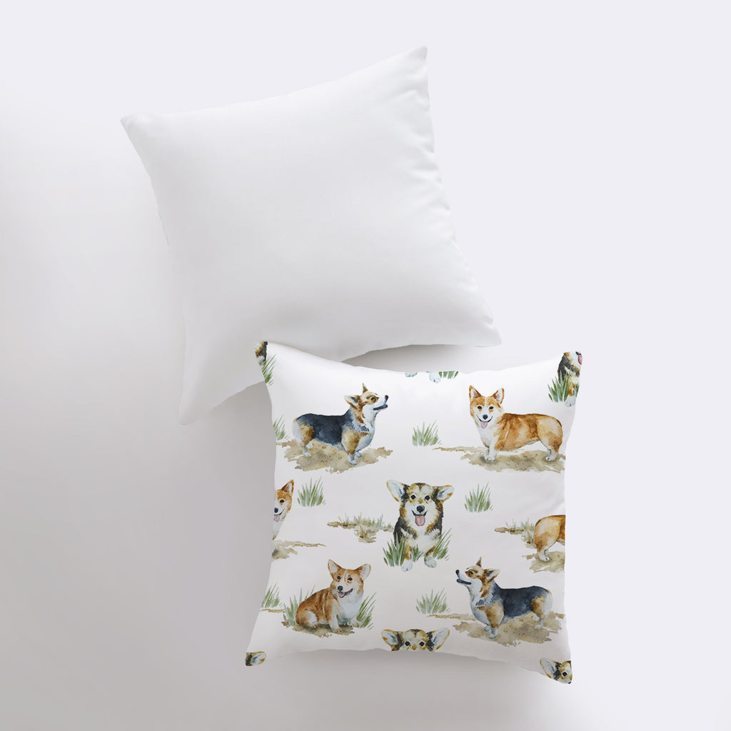 a white pillow with a picture of a corgi and a corgi