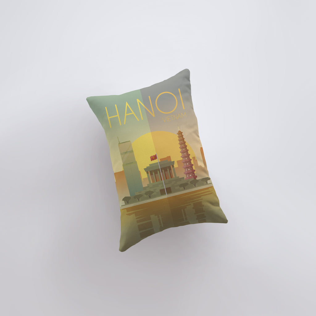 a pillow that has a picture of a building on it