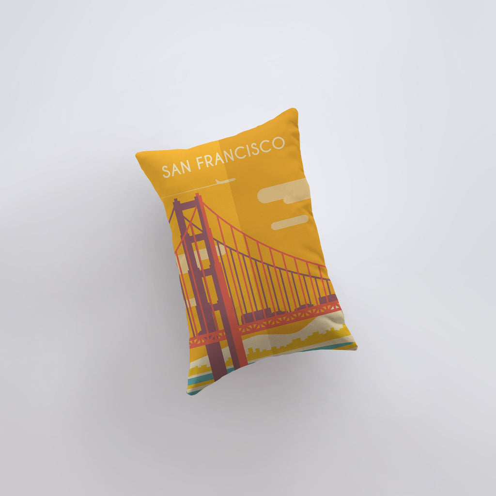 a yellow pillow with a picture of the golden gate bridge