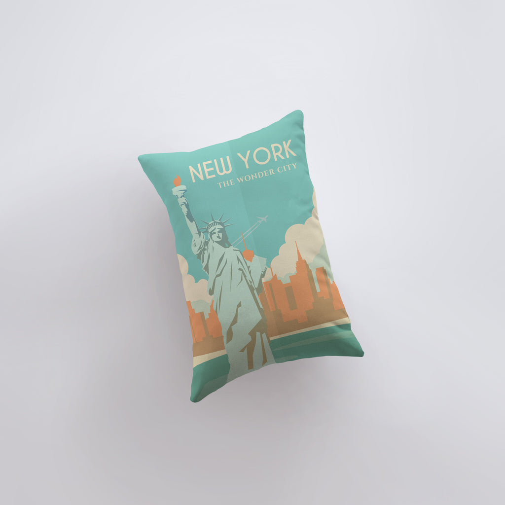 a pillow that has a picture of the statue of liberty on it