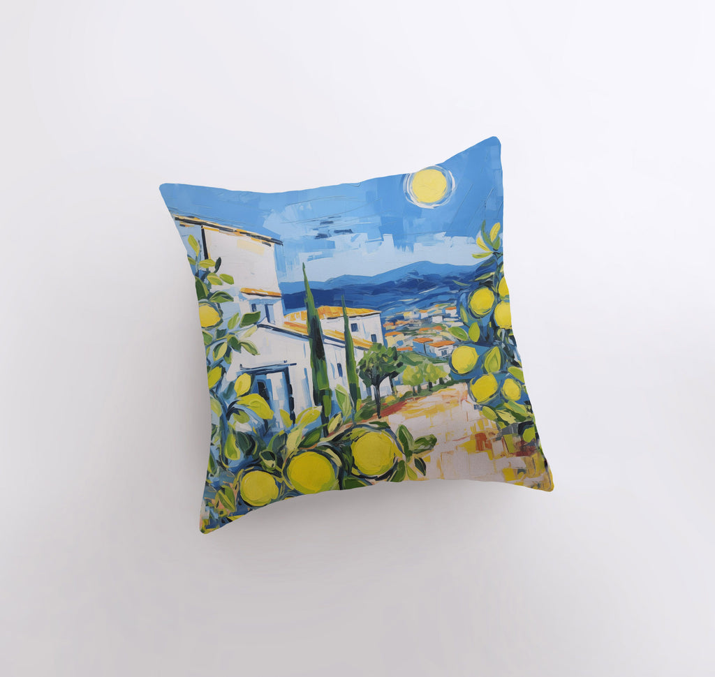 a pillow with a painting of lemons on it