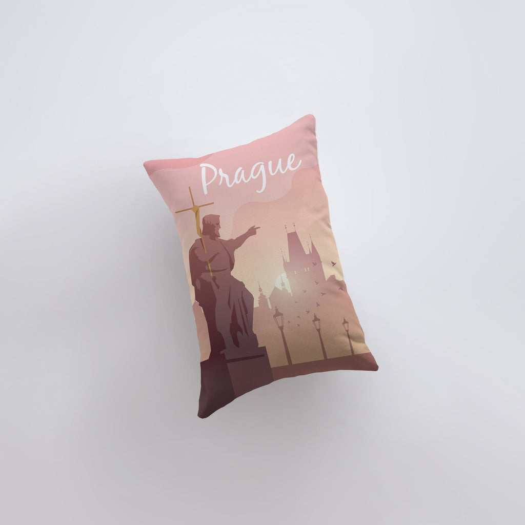 a pillow that has a picture of a statue on it