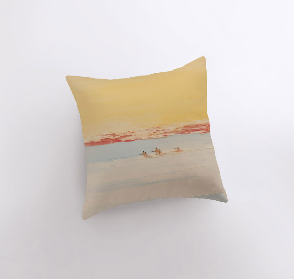 a pillow with a painting of two people in a boat