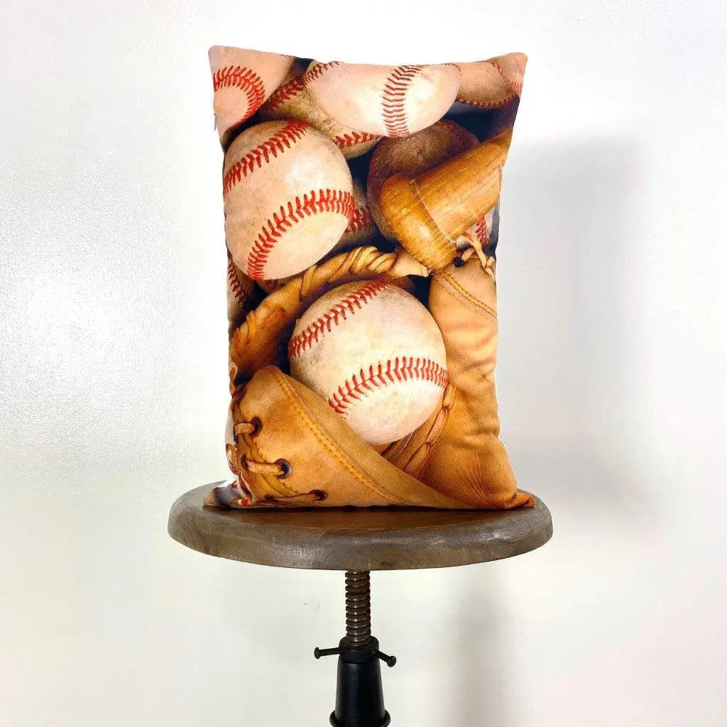 Baseball Bat | 12x 18 | Baseball Glove | Baseballs | Old Baseballs | Sports | Sports Fabric | Sports Fans | Baseball Gifts | Teen Room Decor UniikPillows