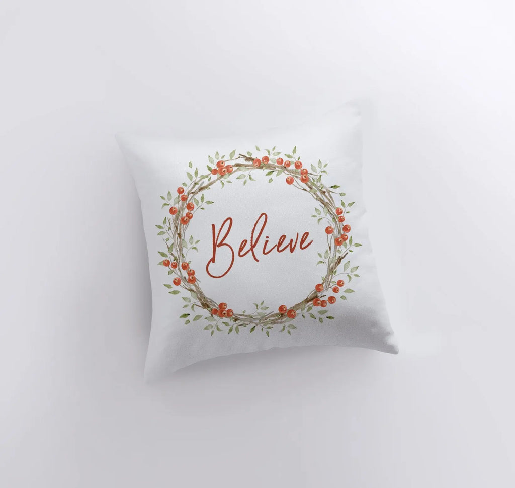 Believe with Berry Wreath Christmas Throw Pillow | Room Decor | Home Decor | Bedroom Decor | Home Decor Christmas | Christmas Throw Pillows UniikPillows