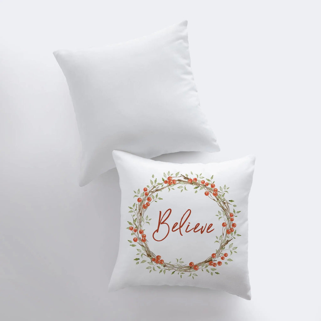 Believe with Berry Wreath Christmas Throw Pillow | Room Decor | Home Decor | Bedroom Decor | Home Decor Christmas | Christmas Throw Pillows UniikPillows