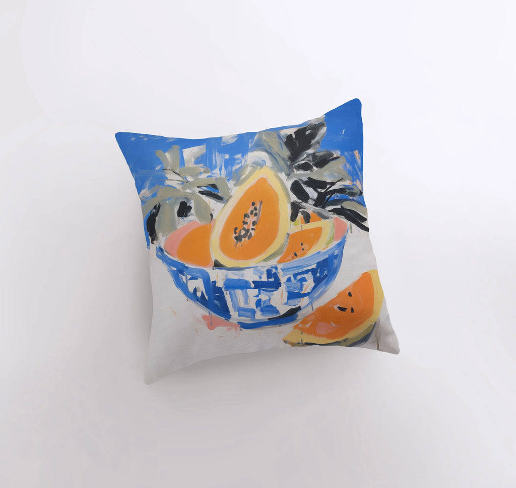 Blue Papaya Bowl | Gouache Painting | Food Pillow | Fruit Abstract Still Life | Throw Pillow | Home Decor | Gift for Her | Pillow Cover - UniikPillows