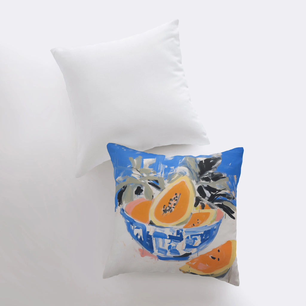 Blue Papaya Bowl | Gouache Painting | Food Pillow | Fruit Abstract Still Life | Throw Pillow | Home Decor | Gift for Her | Pillow Cover - UniikPillows