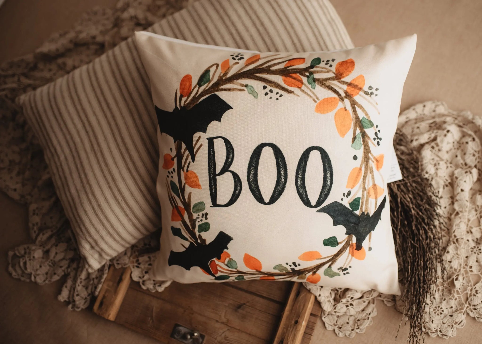 Boo Halloween Wreath Pillow Cover Fall decor Farmhouse Pillows Country Decor Fall Throw Pillows Cute Throw Pillows Gift for her UniikPillows