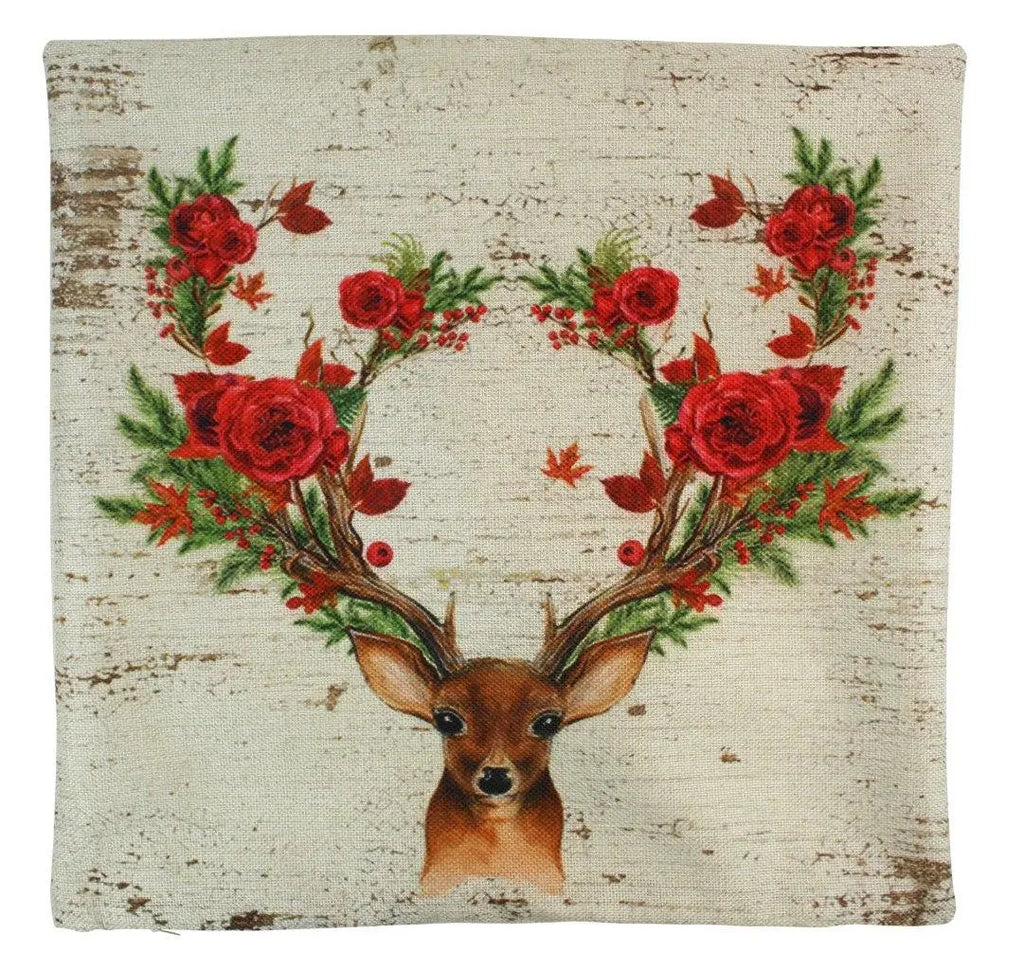 Christmas Deer | Pillow Cover | Throw Pillow | Deer Decor | Poinsettia Wreath | Rustic Christmas Decor | Rustic Home Decor | Grandma Gift UniikPillows