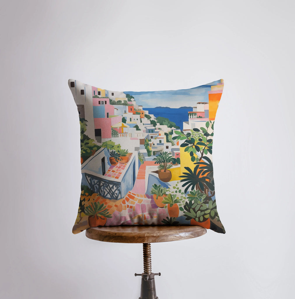 Colorful Coastal City | Painting | Coastline | Greece | Italy | Throw Pillow | Beach | Home Decor | Gift for Her | Pillow Cover |Travel Gift - UniikPillows