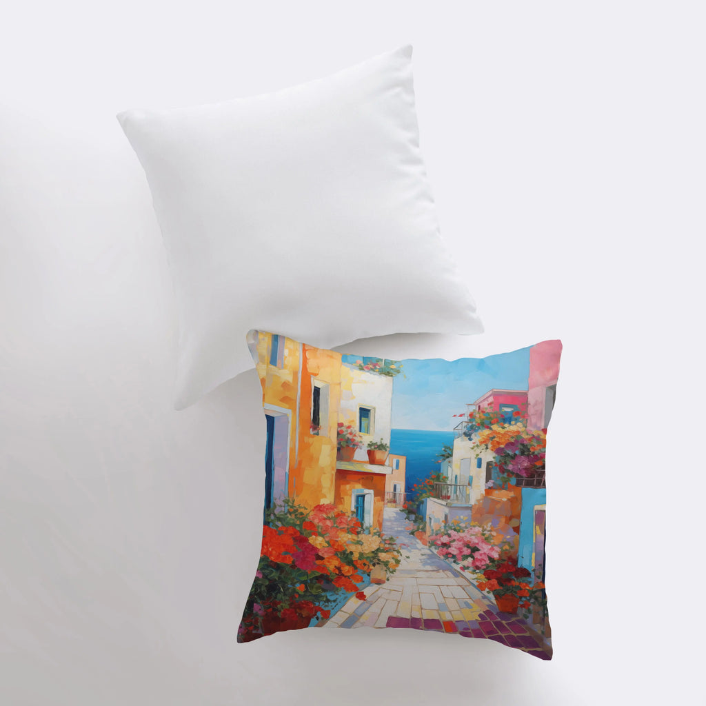 Colorful Floral Street | Painting | Coastline | Greece | Italy | Throw Pillow | Beach | Home Decor | Gift for Her | Pillow Cover|Travel Gift - UniikPillows