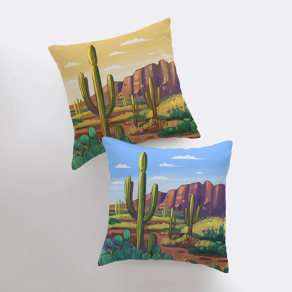 Desert Art | Arizona Blue Sky and Sunset | Desert Cactus | Arizona Gifts | Arizona Art | Desert Painting | Saguaro Cactus | Home Decor UniikPillows