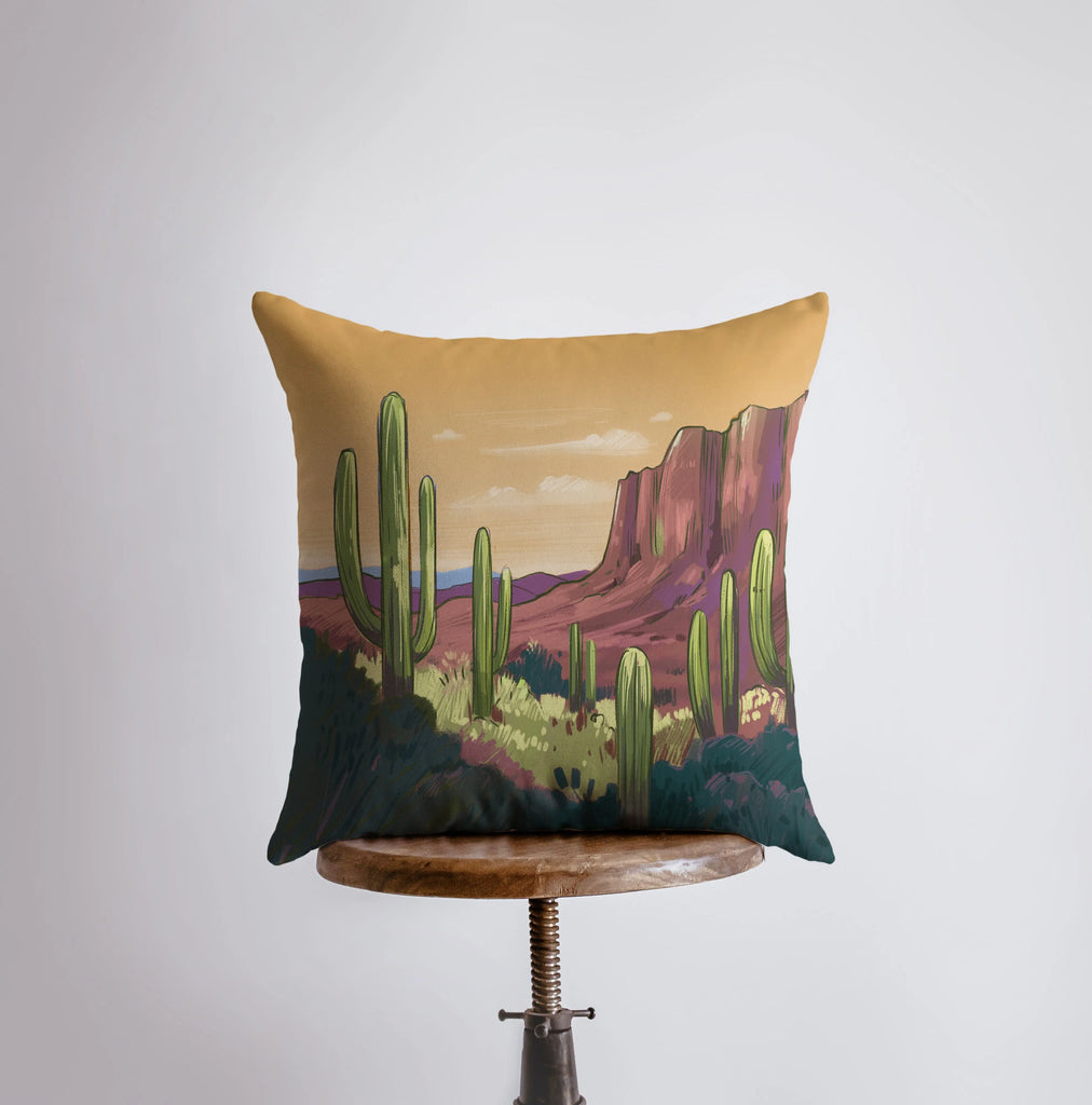 Desert Art | Arizona Sunrise and Purple Sunset | Desert Cactus | Arizona Gifts | Arizona Art | Desert Painting | Saguaro Cactus | Home Decor - UniikPillows