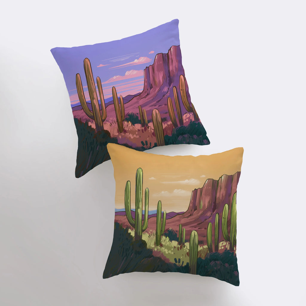 Desert Art | Arizona Sunrise and Purple Sunset | Desert Cactus | Arizona Gifts | Arizona Art | Desert Painting | Saguaro Cactus | Home Decor - UniikPillows