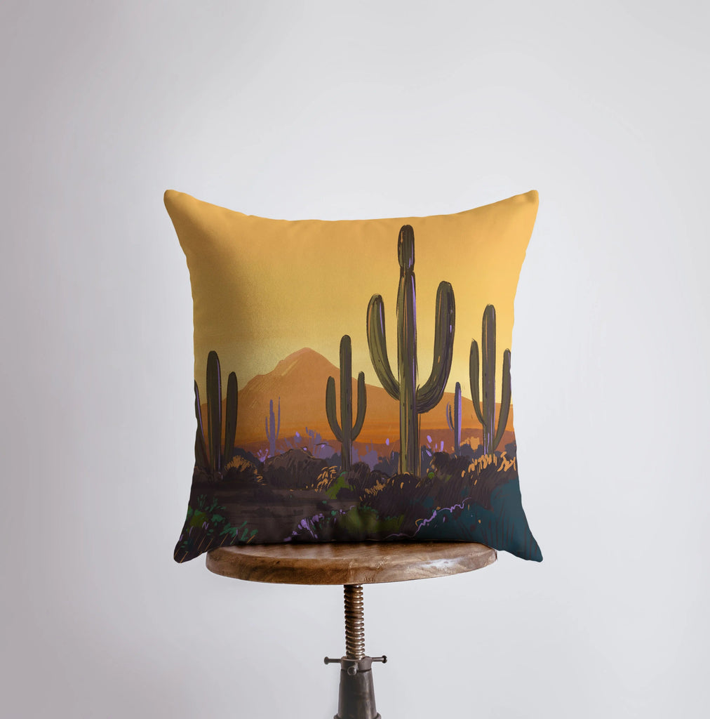 Desert Art | Arizona Yellow Sunrise and Sunset | Desert Cactus | Arizona Gifts | Arizona Art | Desert Painting | Saguaro Cactus | Home Decor - UniikPillows