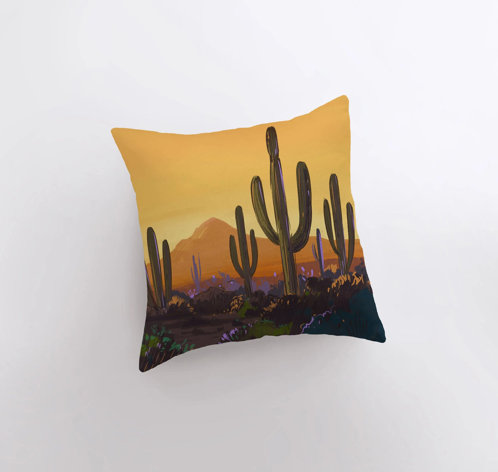 Desert Art | Arizona Yellow Sunrise and Sunset | Desert Cactus | Arizona Gifts | Arizona Art | Desert Painting | Saguaro Cactus | Home Decor - UniikPillows