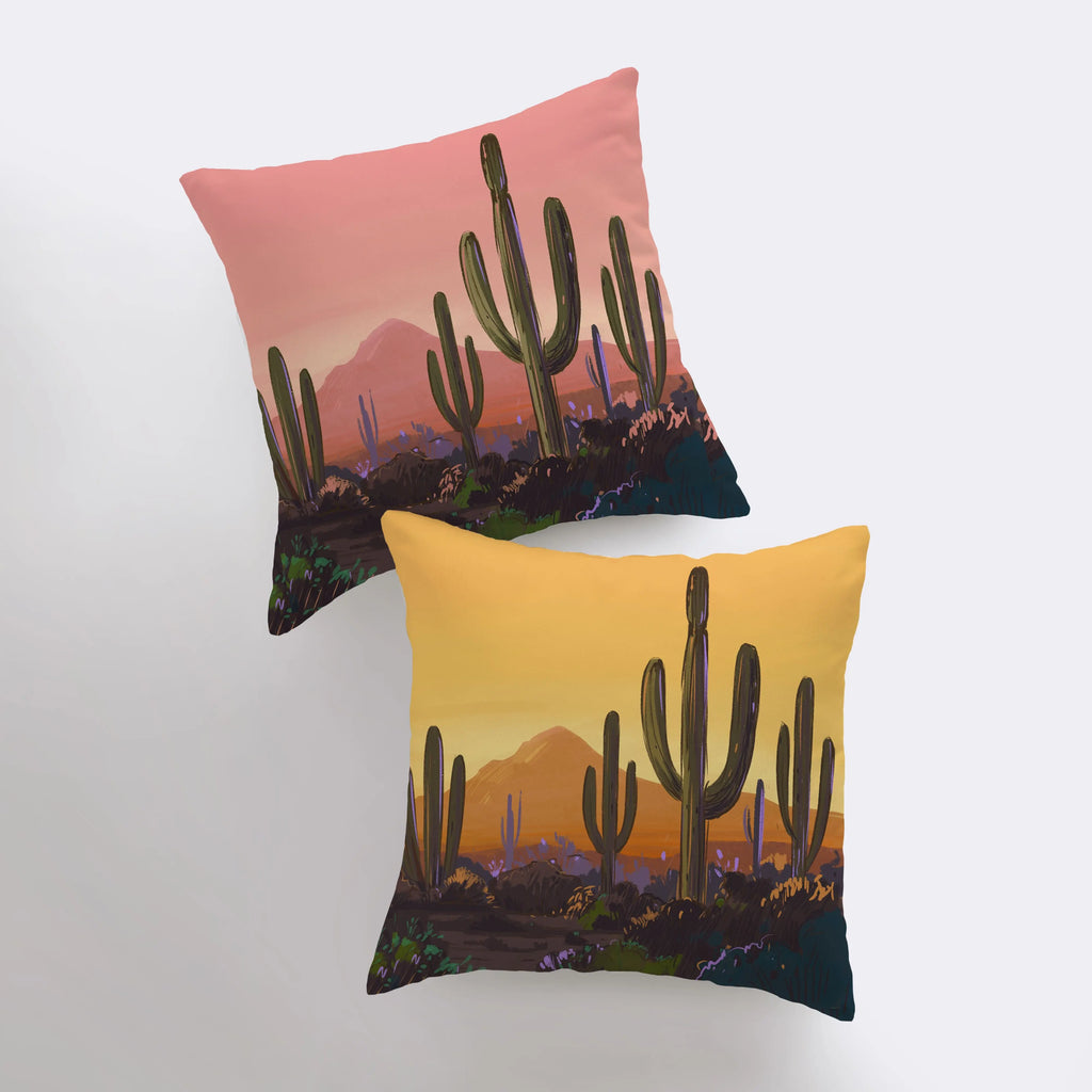 Desert Art | Arizona Yellow Sunrise and Sunset | Desert Cactus | Arizona Gifts | Arizona Art | Desert Painting | Saguaro Cactus | Home Decor - UniikPillows