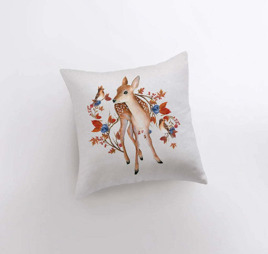 Fall Fawn Deer Looking Left Pillow Cover | Rustic | Fall Deer Decor | Birds and Deer |  | Farmhouse Pillows | Country Decor | Gift for her UniikPillows