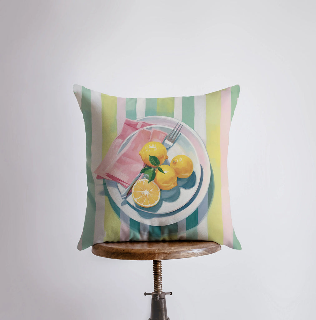 Lemons on Striped Table | Gouache Painting | Food Pillow | Abstract Still Life | Throw Pillow | Home Decor | Gift for Her | Pillow Cover - UniikPillows