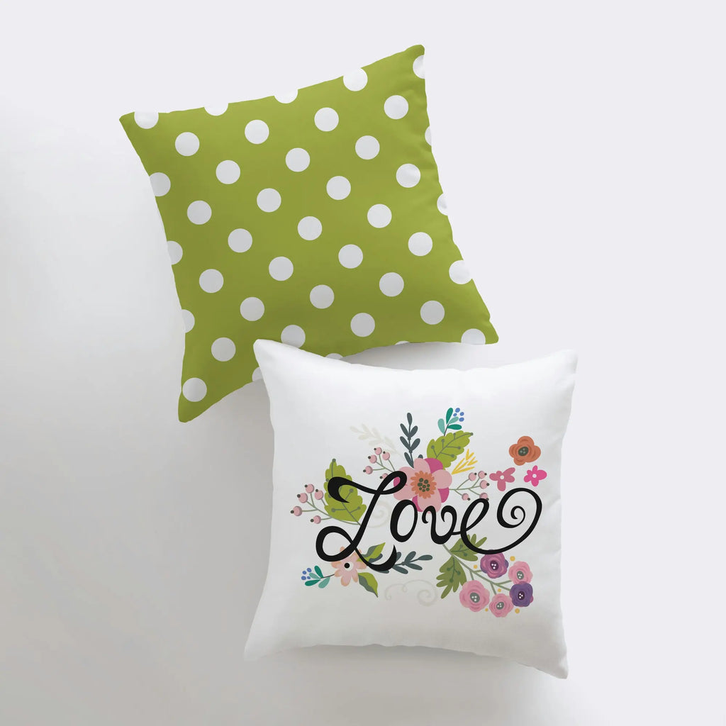 Love Floral Green Polkadot Pillow Cover | Throw Pillow | Home Decor | Rustic Farm | Valentines Decor | I Love You Gift | Valentine Day Decor UniikPillows