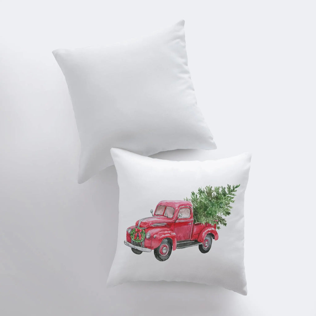 Red Christmas Truck with Tree Sideview | Pillow Cover | Red Truck | Christmas Decor | Throw Pillow | Home Decor | Rustic Christmas Decor - UniikPillows