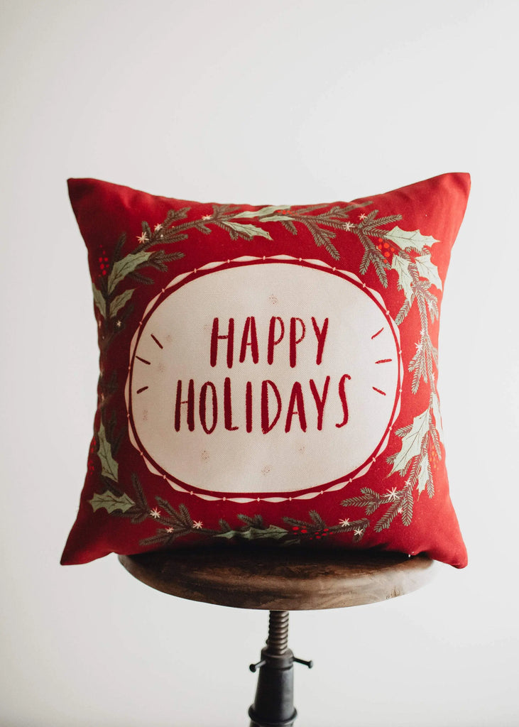 Red Happy Holiday Wreath Throw Pillow Cover | Rustic Christmas Decor | Christmas Gift | Home Decor Christmas | Decorative Pillows for Couch UniikPillows