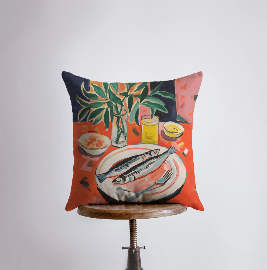 Sardine Plate | Gouache Painting | Seafood | Food Pillow | Abstract Still Life | Throw Pillow | Home Decor | Gift for Her | Pillow Cover - UniikPillows