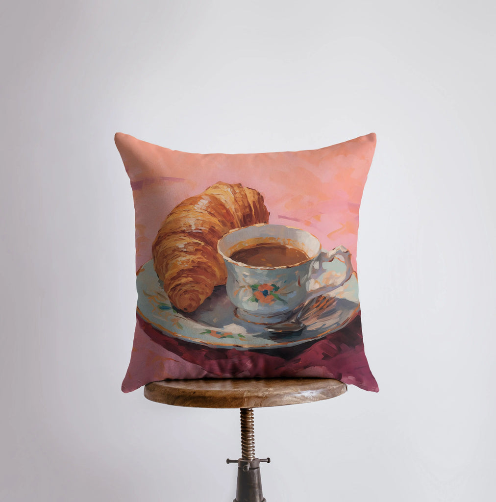 Tea and Croissant | Gouache Painting | Cottagecore | Food Pillow | Still Life | Throw Pillow | Home Decor | Gift for Her | Pillow Cover - UniikPillows