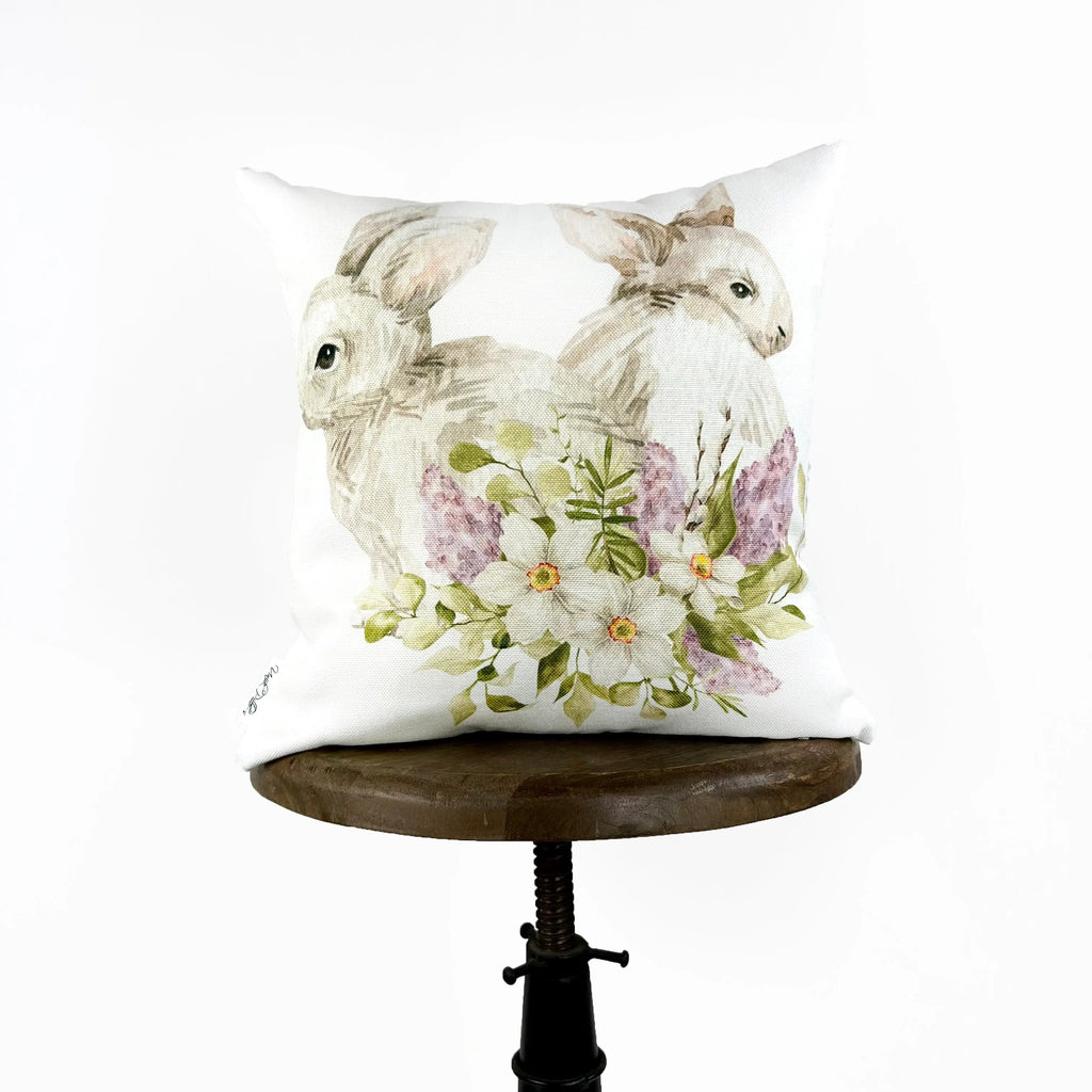 Two Bunnies Sitting in Flowers | Easter Bunny Throw Pillows | Easter Decorative Pillows | Easter Throw Pillow | Easter Pillow Cover | UniikPillows UniikPillows