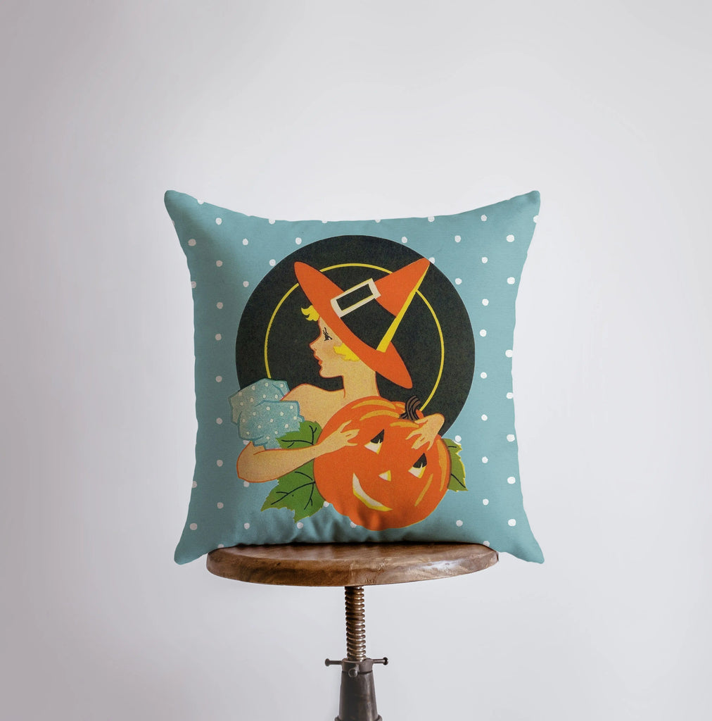 Vintage Art Deco Witch and Wizard | Pumpkin Jack-O-Lantern | Polka Dot | Fall Décor | Halloween Pillow | Halloween Décor | Fall Throw Pillow - UniikPillows