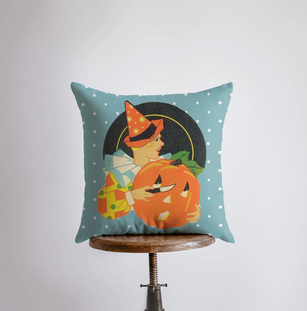 Vintage Art Deco Witch and Wizard | Pumpkin Jack-O-Lantern | Polka Dot | Fall Décor | Halloween Pillow | Halloween Décor | Fall Throw Pillow - UniikPillows