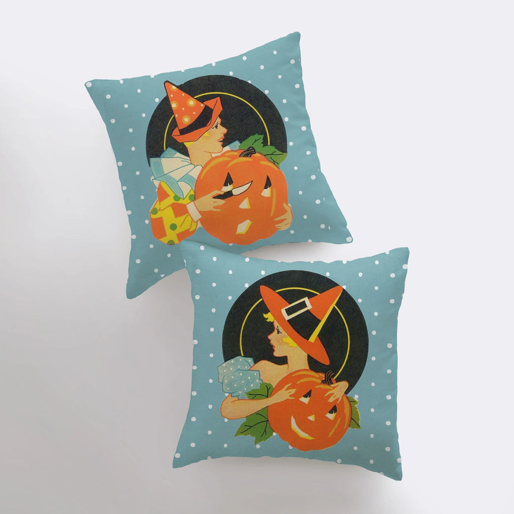 Vintage Art Deco Witch and Wizard | Pumpkin Jack-O-Lantern | Polka Dot | Fall Décor | Halloween Pillow | Halloween Décor | Fall Throw Pillow - UniikPillows