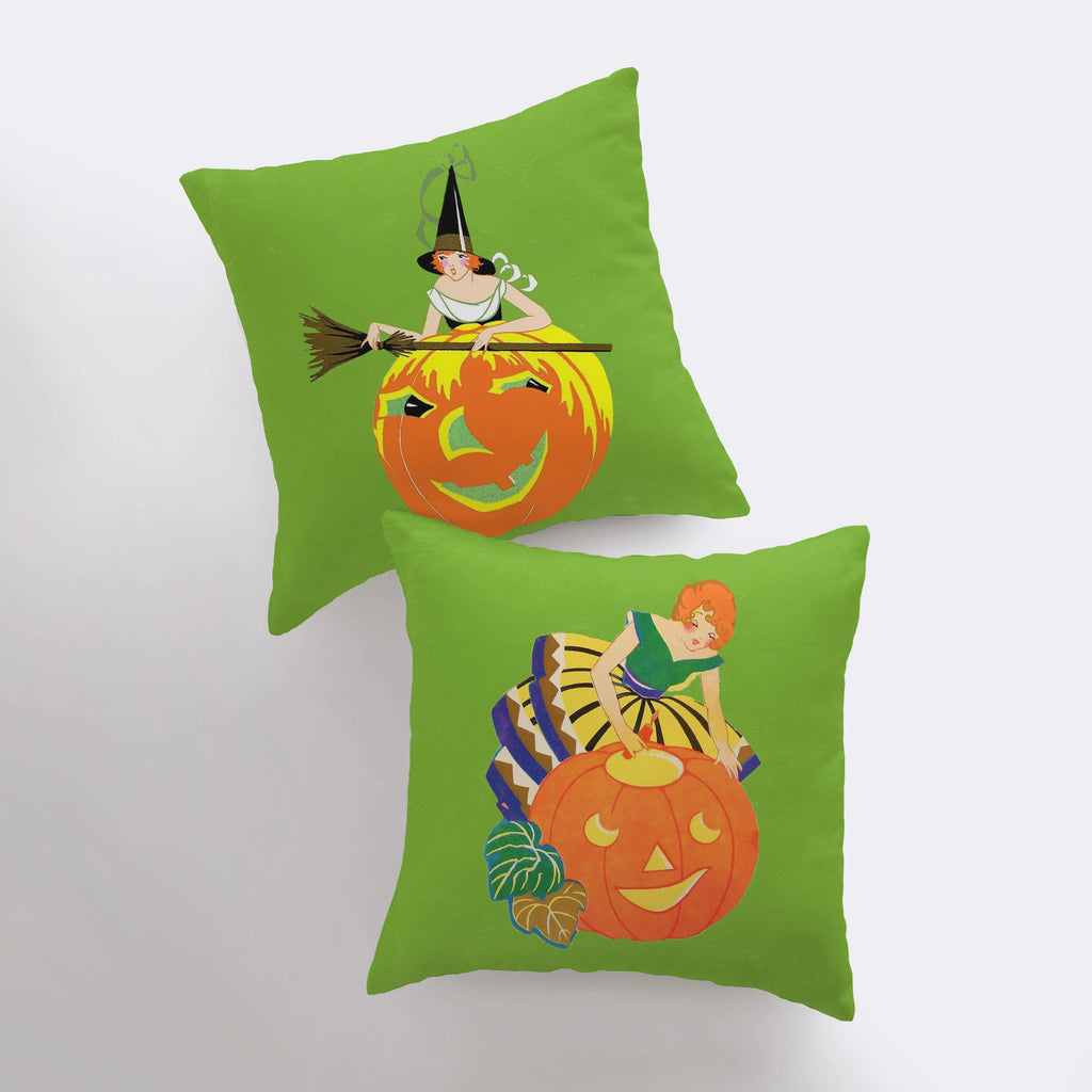 Vintage Art Deco Witches | Pumpkin Cauldrons | Black Cat | Fall Décor | Halloween Pillows | Halloween Décor | Fall Throw Pillows - UniikPillows
