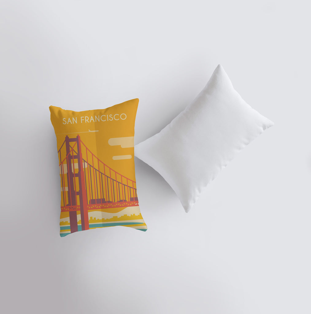 a pillow with a san francisco travel poster on it