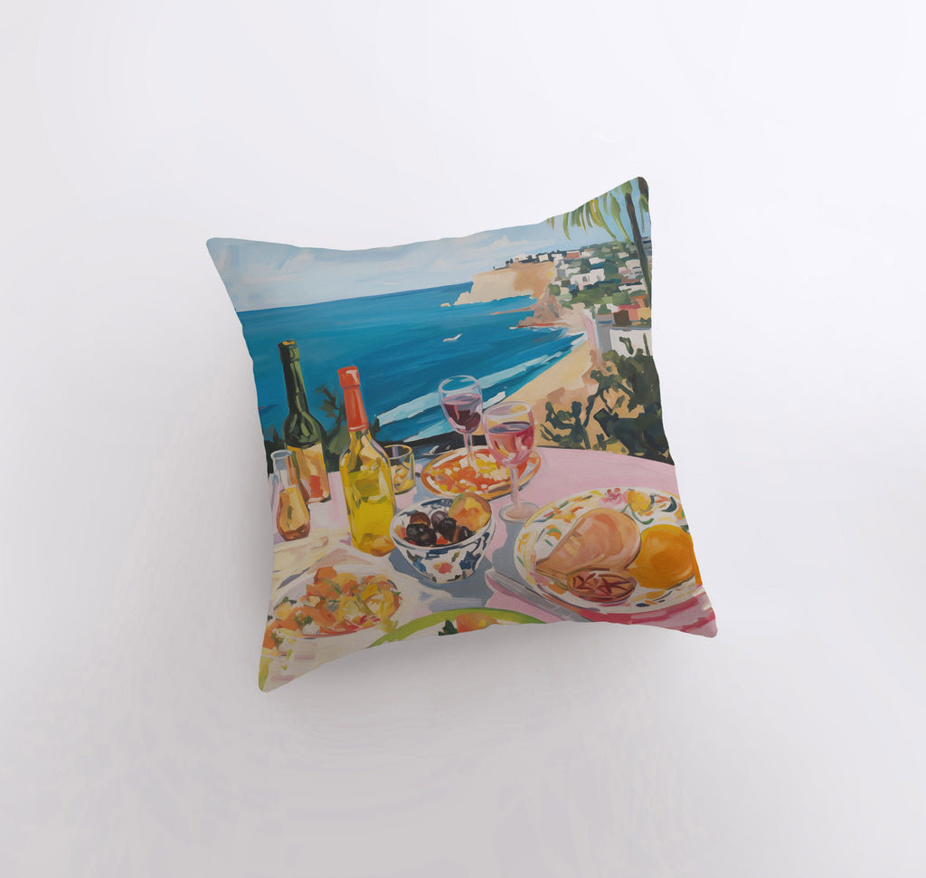 a pillow with a picture of a beach scene on it