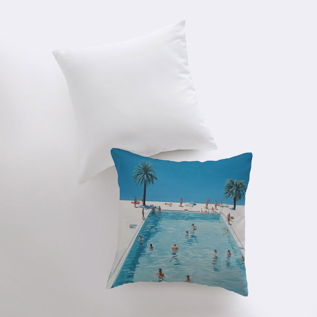 a pillow with a picture of people swimming in a pool