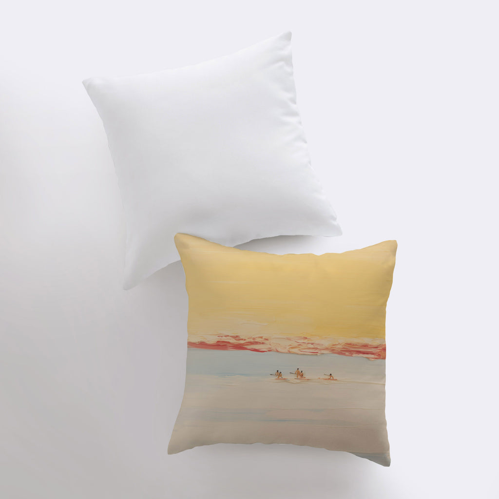 a pillow with a painting of two people in a boat