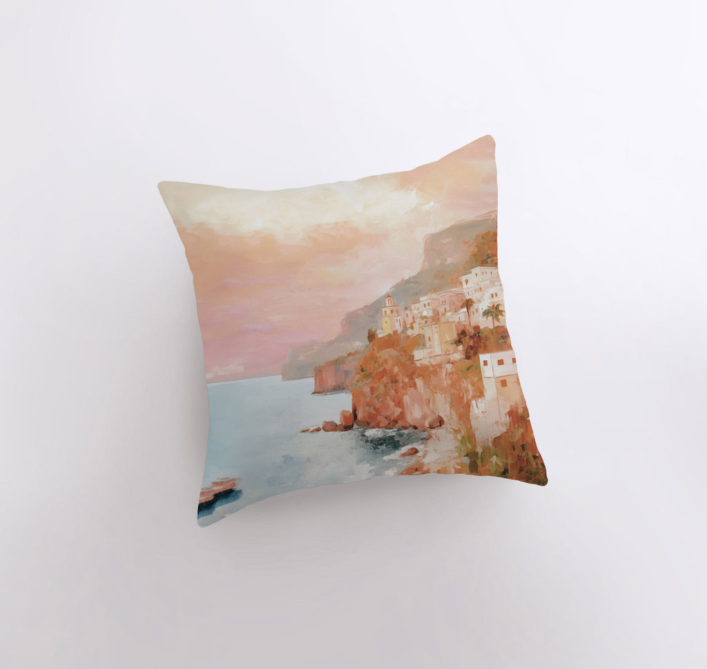 a pillow with a painting of a city on it