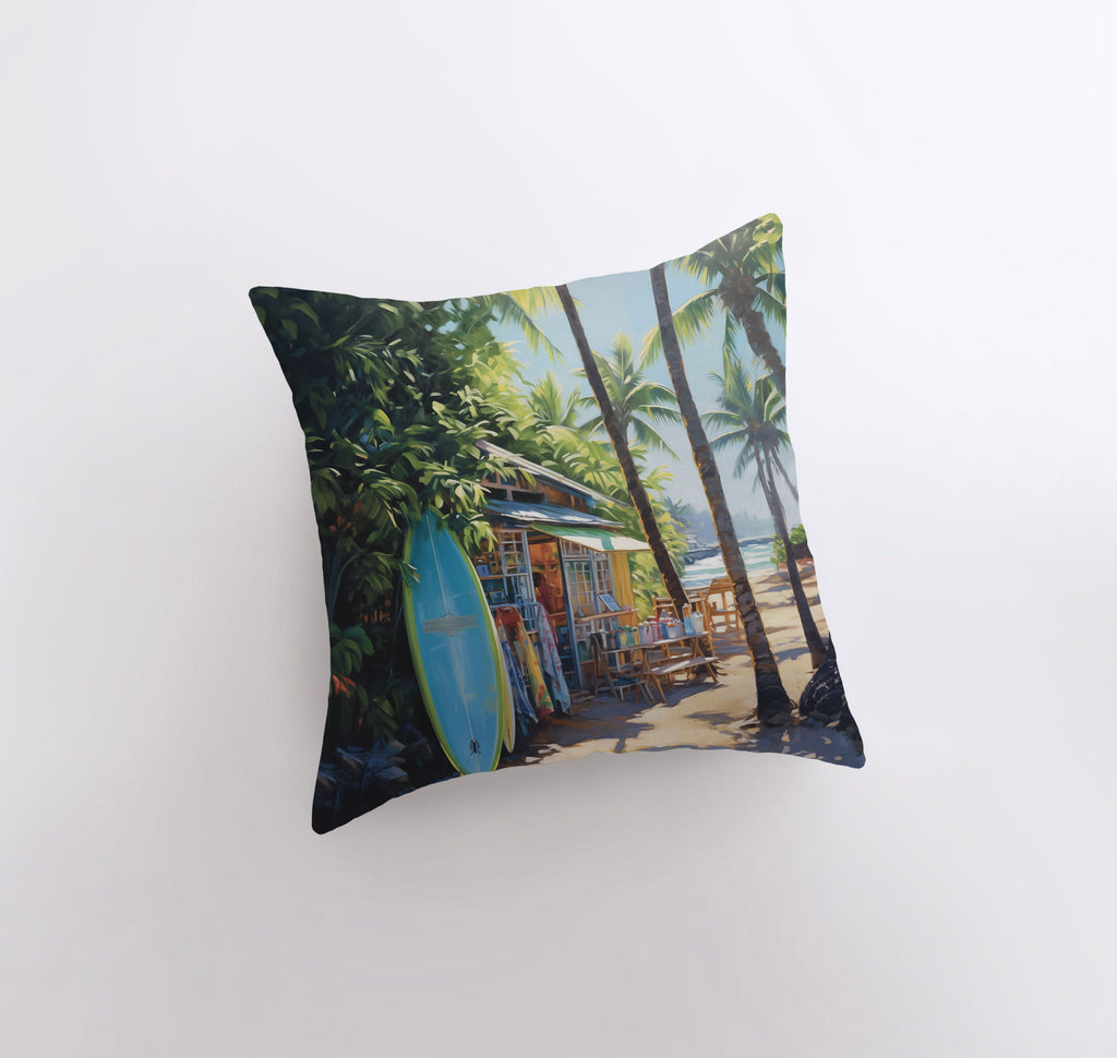 a pillow with a painting of a surfboard on it