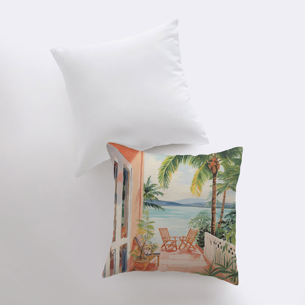 a pillow that has a picture of a beach on it