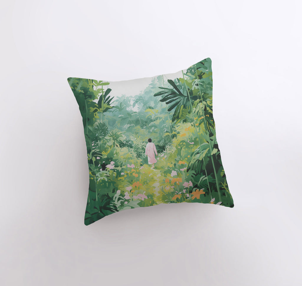 a pillow with a painting of a woman in a tropical forest