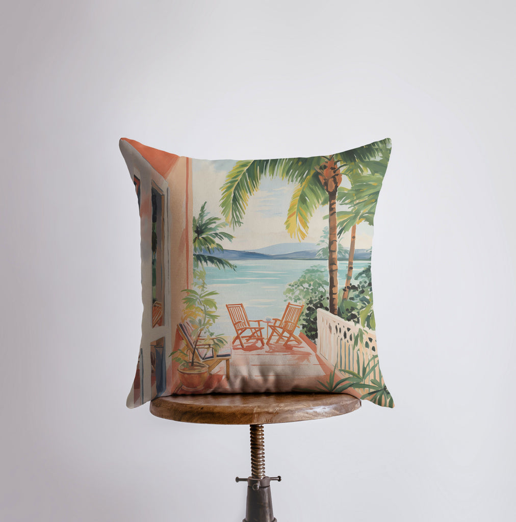 a pillow with a picture of a beach scene on it