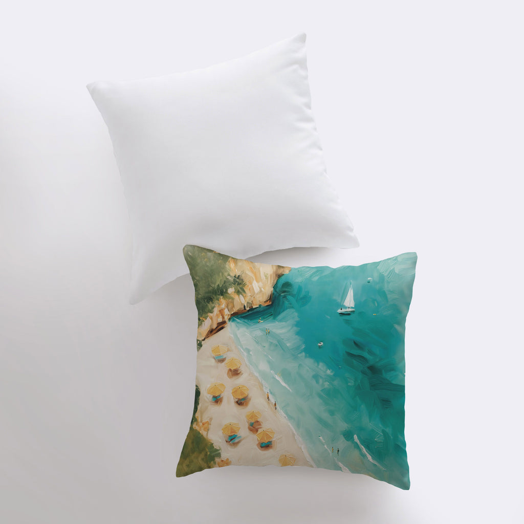 a pillow that has a picture of a beach on it