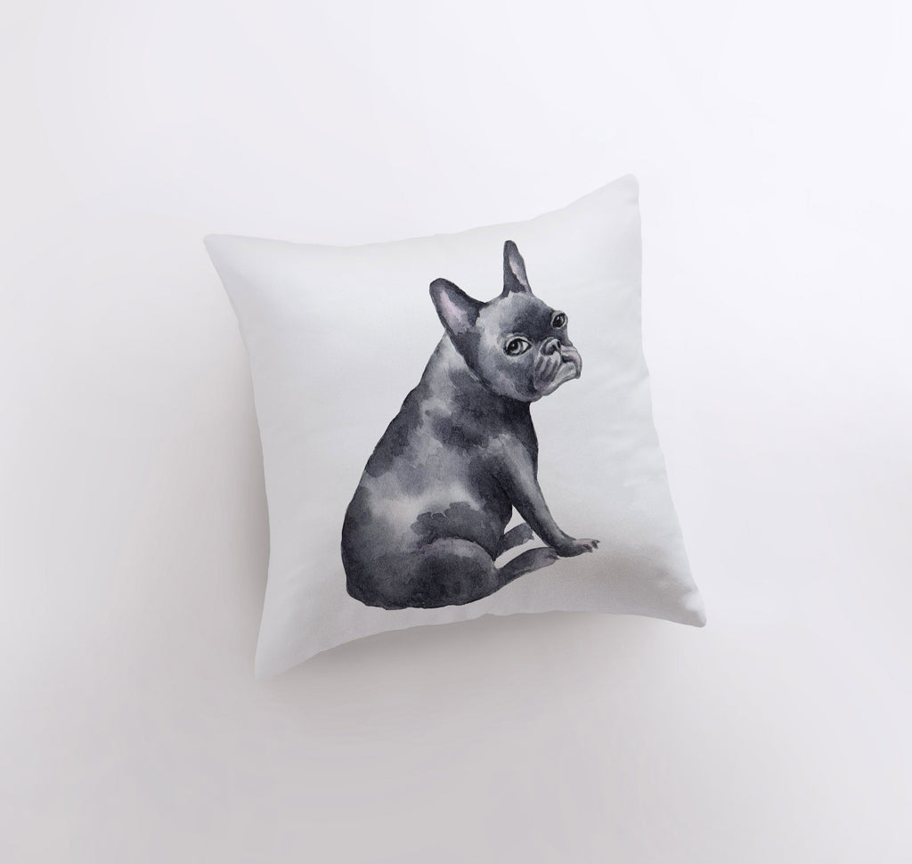 a black and white pillow with a french bulldog on it